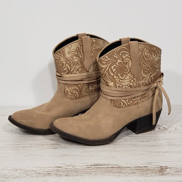 Dingo  Faux Tan Embossed Leather Cowboy Bootie Boots  Women's Size 6.5 - Picture 1 of 9